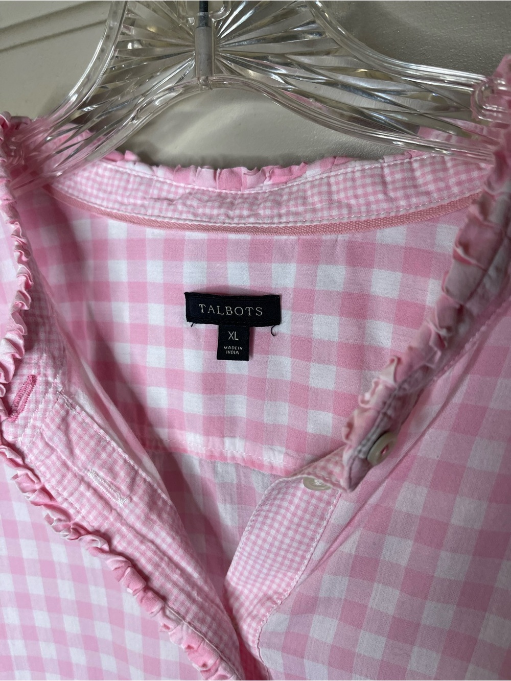 Talbots Pink Gingham Ruffle Button-Front Top Sz XL - Picture 4 of 5